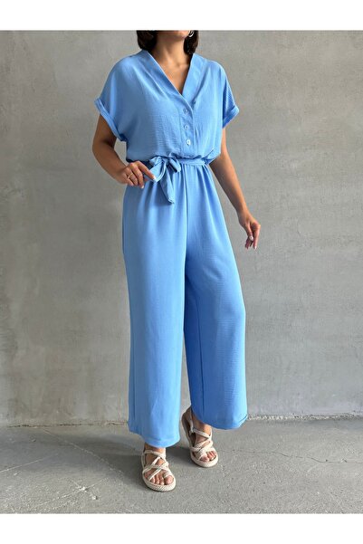 BEJNA Women's Light Blue Button Detailed Belted Jumpsuit