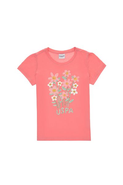 U.S. Polo Assn. Girls Pink Crew Neck Sequin Flower Printed Cotton T-Shirt 50300968-Vr041