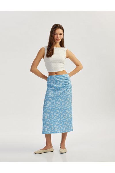 Koton Draped floral elastic waist midi pencil skirt.
