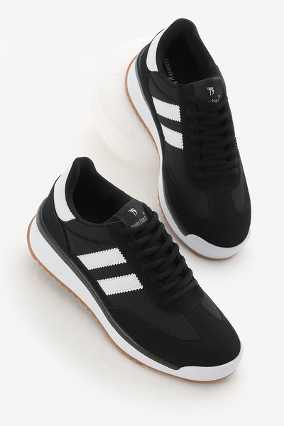 Tonny Black Pantofi sport unisex, negru, alb, cu talpă termică, cu dungi duble