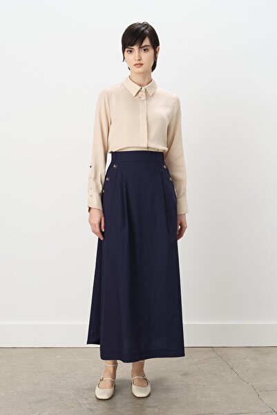 Nihan Düğme Detaylı Poplin Pamuk Etek Lacivert