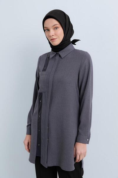 Nihan Deri Detaylı Gömlek Yaka Tunik Gri