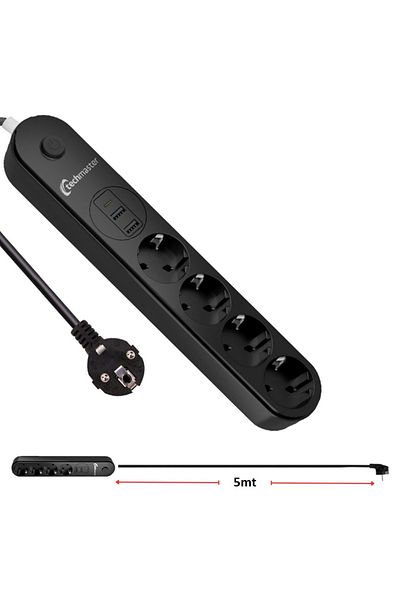 Techmaster 2 USB + Type-C مقبس طاقة 4 مزود بحماية للأطفال 5mt