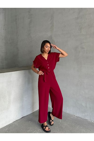 BEJNA Women's Cherry Color Button Detailed Belted Jumpsuit