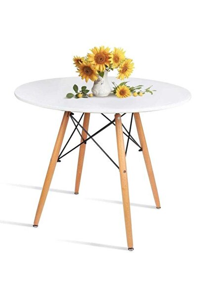 Taimi 5-Piece Modern Dining Set, Round White Table 80x80x72cm with 4 Ergonomic Transparent Plastic Chairs