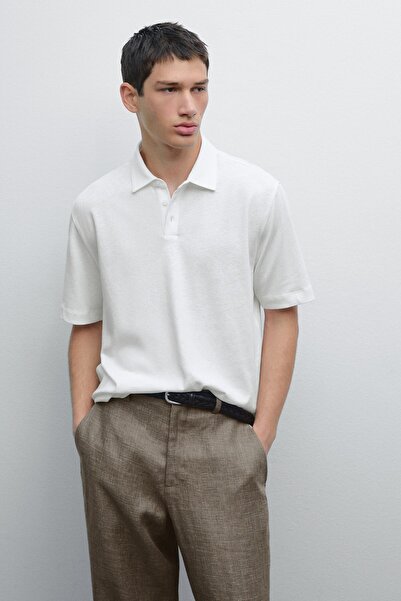 Massimo Dutti Kısa kollu keten karışımlı polo yaka t-shirt