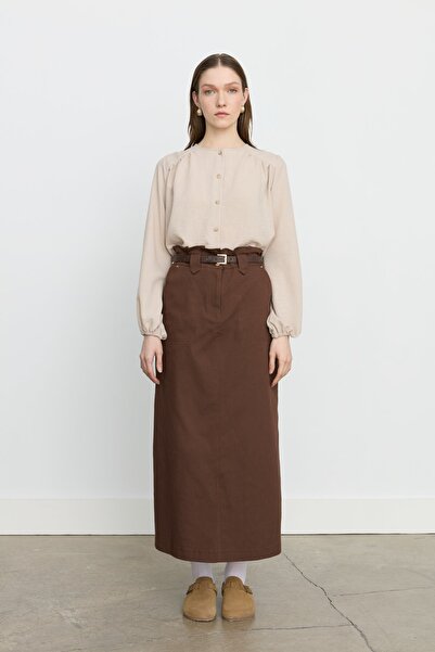 Nihan Nakış Detaylı Kemerli Kanvas Denim Etek Kahve