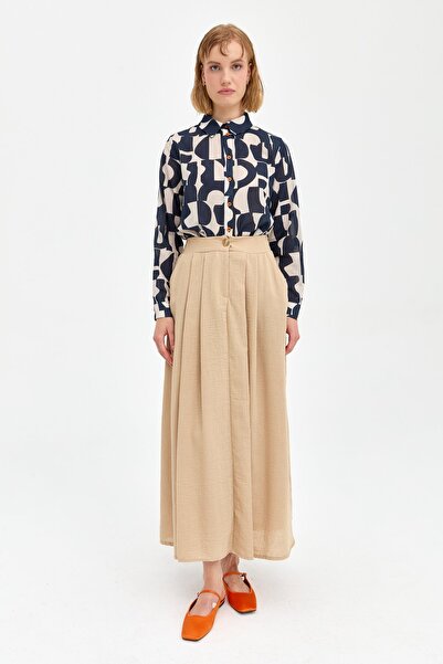 Nihan Arkası Lastikli Keten Etek Bej