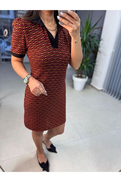 SHUGAA Women Polo Neck Short Sleeve Jacquard Dress