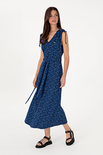 U.S. Polo Assn. Kadın Lacivert Desenli V Yaka Midi Boy Örme Elbise 50306734-VR033