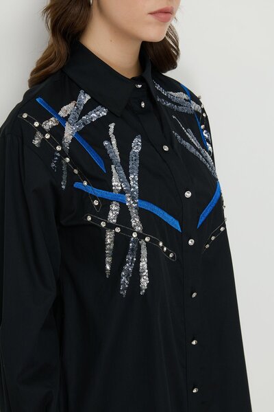 Nihan Omuzları İşlemeli Poplin Pamuk Tunik Siyah