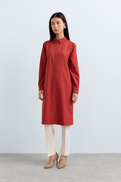 Nihan Kuşgözü Detaylı Gömlek Yaka Tunik Kiremit