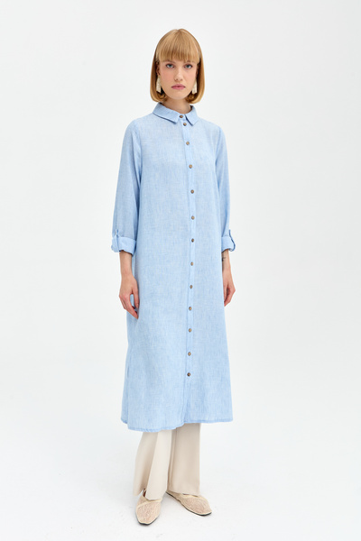 Nihan Doğal Kumaş Uzun Tunik Açık Mavi