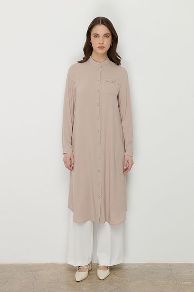 Nihan Plus Size Accessory Detailed Basic Tunic Beige