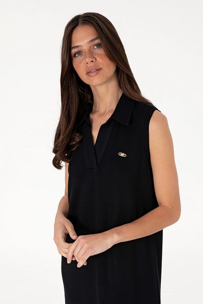 U.S. Polo Assn. Rochie tricotată neagră pentru femei, cu gât polo, lungime midi 50300674-vr046