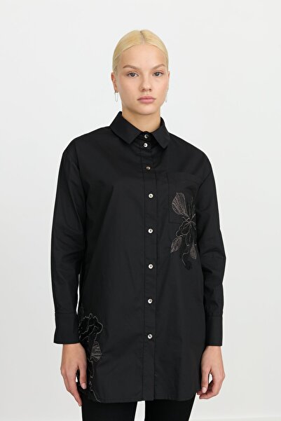 Nihan Dantel Aplikeli Gömlek Yaka Pamuk Tunik Siyah