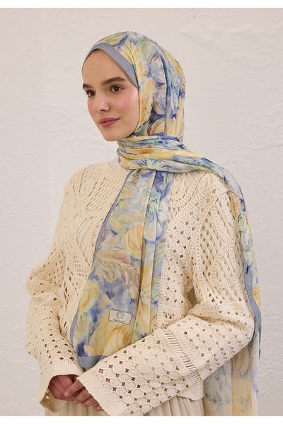 Fresh Pure Flora Pattern Ramie Shal Soft Blue