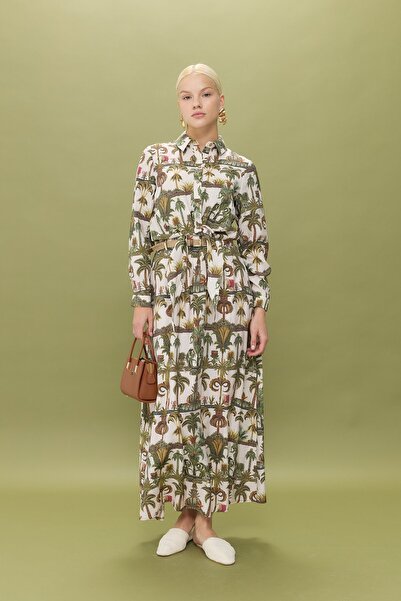 Nihan Kemerli Palmiye Desenli Modal Etek Haki