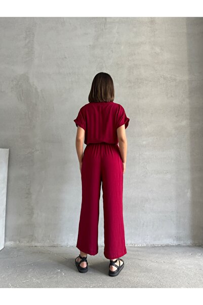 BEJNA Women's Cherry Color Button Detailed Belted Jumpsuit
