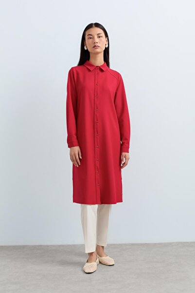 Nihan Kuşgözü Detaylı Gömlek Yaka Tunik Kırmızı