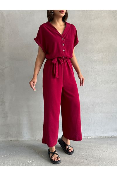 BEJNA Women's Cherry Color Button Detailed Belted Jumpsuit