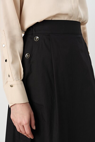 Nihan Düğme Detaylı Poplin Pamuk Etek Siyah