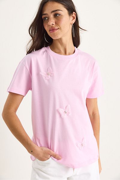 Bianco Lucci Women's Butterfly Accessory Crew Neck Cotton T-Shirt 60602071