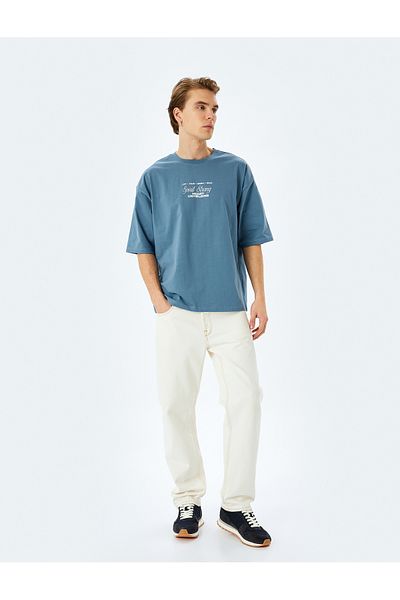 Koton Tricou oversize din bumbac, cu mânecă scurtă, cu decolteu, cu slogan imprimat