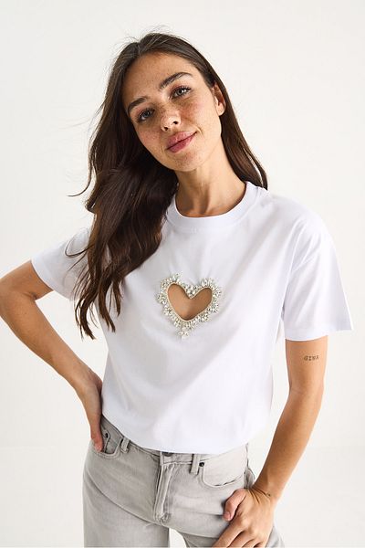 Bianco Lucci Women's Stoned Heart Window Cotton T-Shirt 60602073