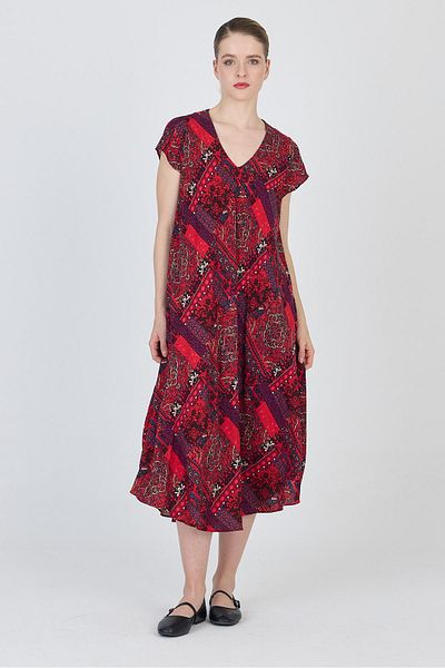 Rays Burgundy Ethnic Patterned V-Neck Short Sleeve Midi Dress 200