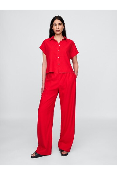 GAP Kadın Kırmızı Keten Karışımlı Easy Wide Leg Pantolon