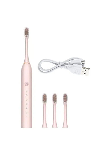 ABYZ Periuță de dinți electrică cu 4 capete interschimbabile și încărcare USB, design modern și funcțional, roz