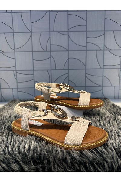 Anıl Ayakkabı Castle 35307 BEIGE Crem Sandale ortopedice cu detaliu cu cataramă în stil cu spate elastic