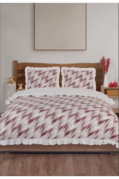 GARDEN ROOM Ikat Burgundy Pattern Ruffled Organic Cotton Duvet Cover Set - Double