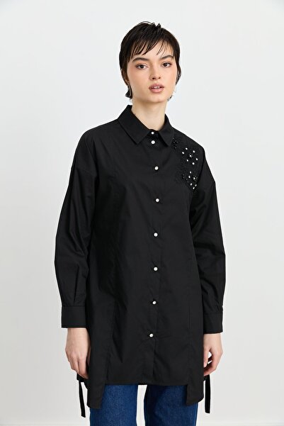 Nihan Taş Aksesuarlı Poplin Pamuk Tunik Siyah