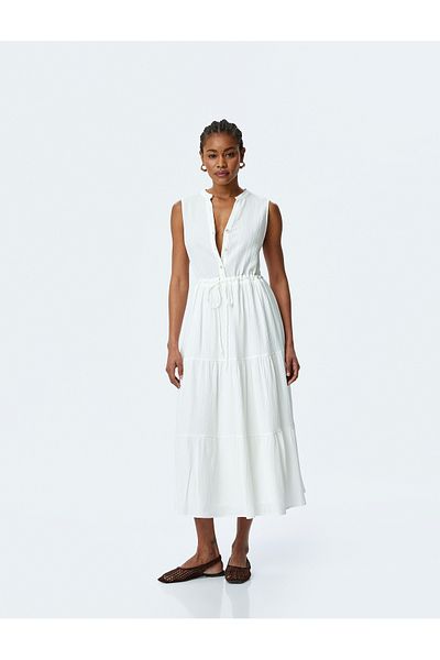 Koton ecru Mandarin Collar Sleeveless Dress