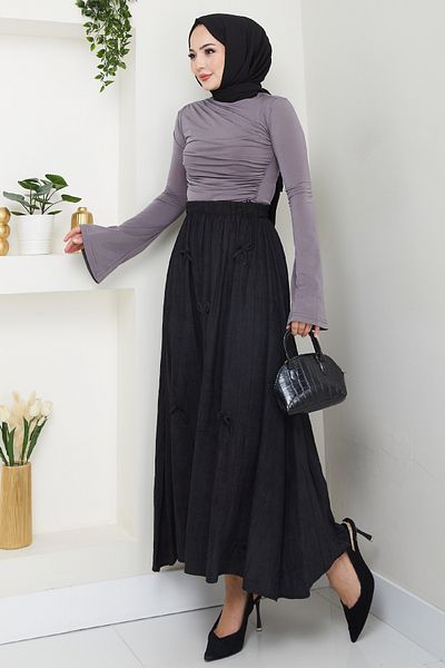 InStyle Fusta neagră cu detaliu fundă și talie elastică