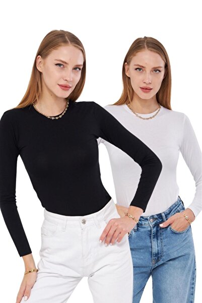 Irmak Kerekli Γυναικείο μαύρο λευκό 2 τεμάχια μακρυμάνικο κορμάκι με λαιμόκοψ...