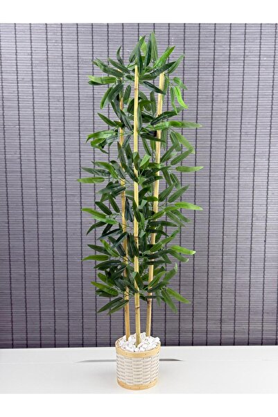 Bahçem Dekoratif Pwc Rattan Saksılı Ahsap Detaylı Yapay Yapraklı Dekoratif Bambu Ağacı 3 Gövde 110cm
