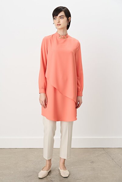 Nihan Yaka Aksesuarlı Volanlı Tunik Oranj