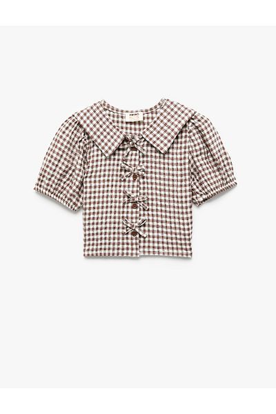 Koton Shirt Collar Balloon Sleeves Ribbon Detail Gingham Crop Blouse