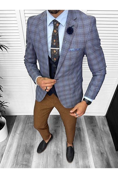 dehaine Sacou pentru barbati, slim fit, in carouri, 678, albastru
