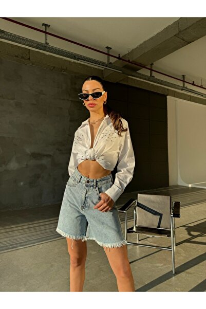 Butik Taş Detaylı Yüksek Bel Kot Şort