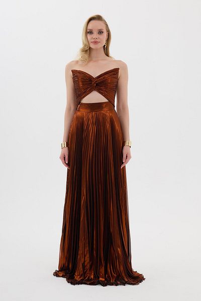 Carmen Orange Pleated Lacquered Chiffon Evening Dress