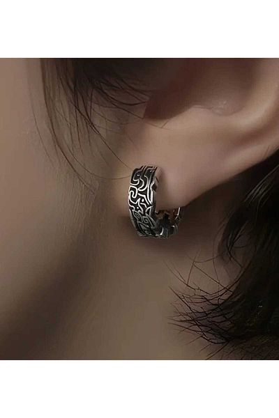 sarıyer silver Totem Embroidered Traditional Vintage Model Stylish Viking Style Unisex Design Steel Hoop Earrings