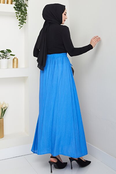 InStyle Fiyonk Detay Beli Lastikli Saks Mavisi Etek