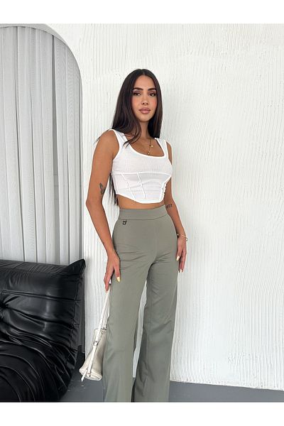diaves Women's Khaki Green Side Zipper High Waist Woven Fabric Palazzo Pants