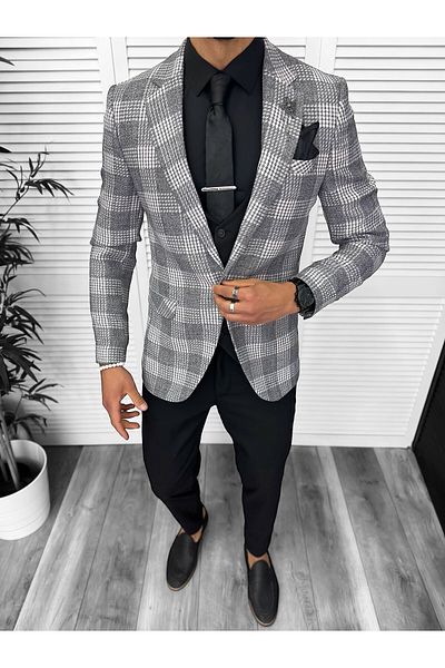 dehaine Men's slim fit checked jacket, 3094, grey