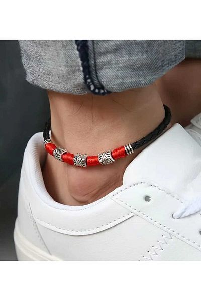 sarıyer silver Red Black Color Design Steel Carved Buckle Adjustable Size Leather Rope Street Style Men's Anklet