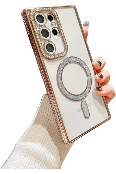 UnDePlus Samsung Galaxy S23 Ultra Kılıf Simli Magsafe Kamera Kenar Taşlı Kapak